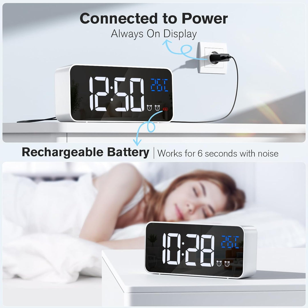 Wecker Digital, LED Digitaluhr mit Temperaturanzeige Tragbarer Spiegelalarm Tischuhr mit 2 Alarmen 1