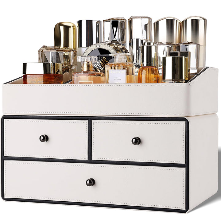 GORESE Make Up Kosmetik Organizer,2-Stöckig 3-Schubladen Leder schminktisch organizer Beauty Aufbewa