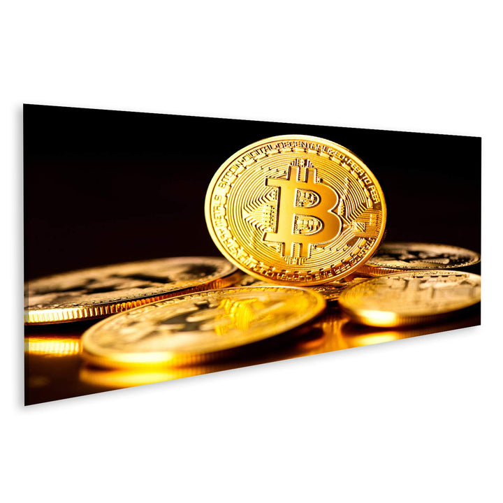 Bild Bilder auf Leinwand Bitcoin Krypto-Währung BTC-Münzen auf schwarzem Hintergrund Blockchain-Tech