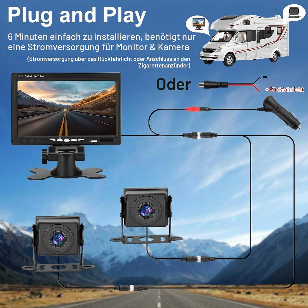 Dual Rückfahrkamera Set mit 7" HD Rear View Monitor, IP69 wasserdichte Nachtsicht Auto Backup-Kamera