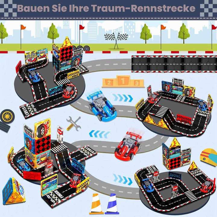 Magneverse Magnetische Bausteine Rennbahn Set mit 2 Autos – 34PCS Magnetbausteine Autorennen Spielze