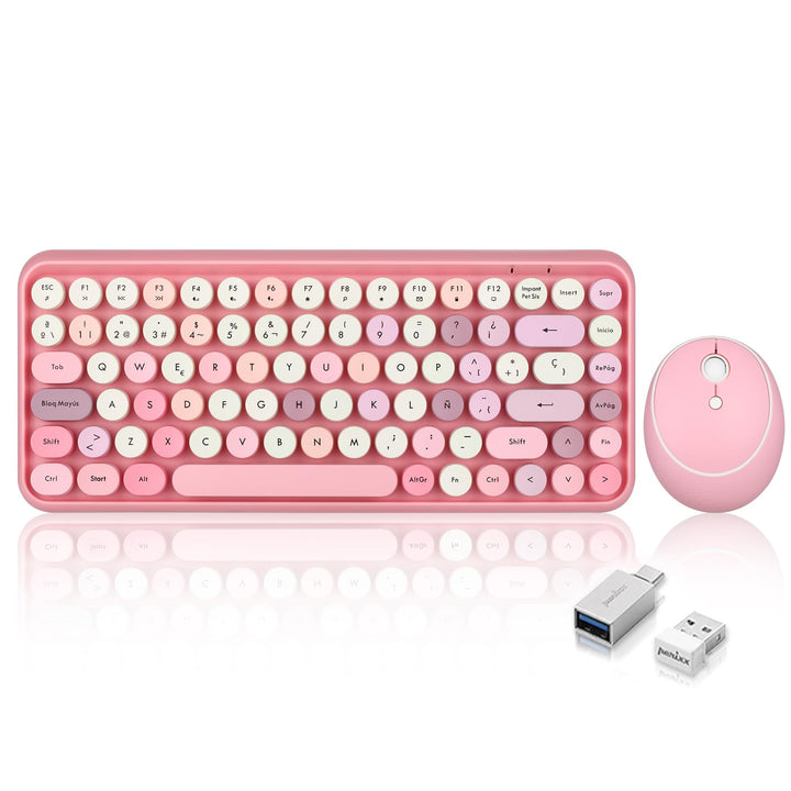 Perixx PERIDUO-713 Set mit Maus und Mini-Tastatur, kabellos, 2,4 GHz, runde Tasten, Retro-Stil, für