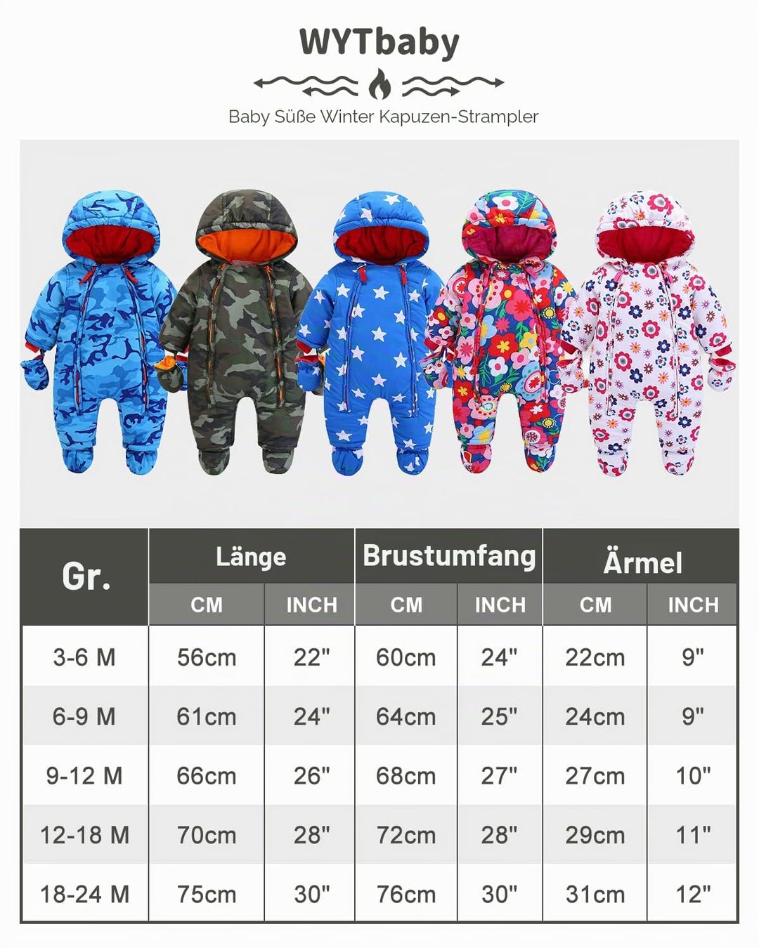 Baby Strampler Strampelanzug mit Kapuze Schneeanzüge mit Handschuhen und Füsslinge, für Kleinkinder