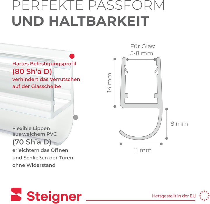 STEIGNER Duschdichtung, 120cm, Glasstärke 5/6/ 7/8 mm, Vorgebogene PVC Ersatzdichtung für Runddusche