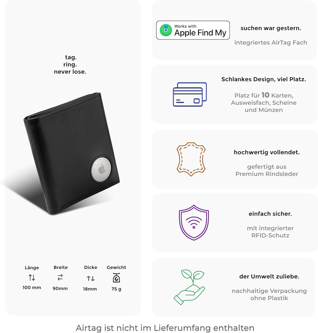 ISENTIALS Airtag* Geldbörse mit Münzfach I Apple Airtag Leder Wallet Portemonnaie mit RFID Schutz I
