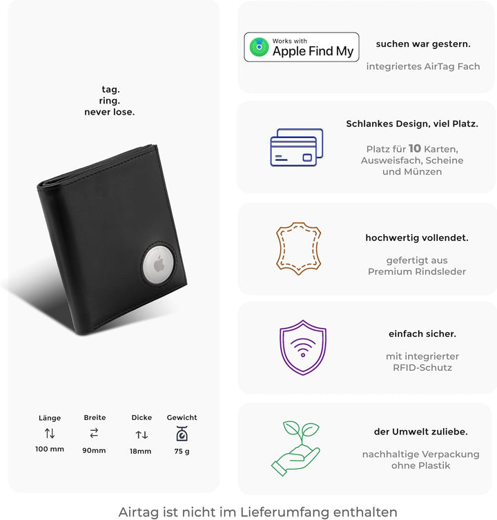 ISENTIALS Airtag* Geldbörse mit Münzfach I Apple Airtag Leder Wallet Portemonnaie mit RFID Schutz I