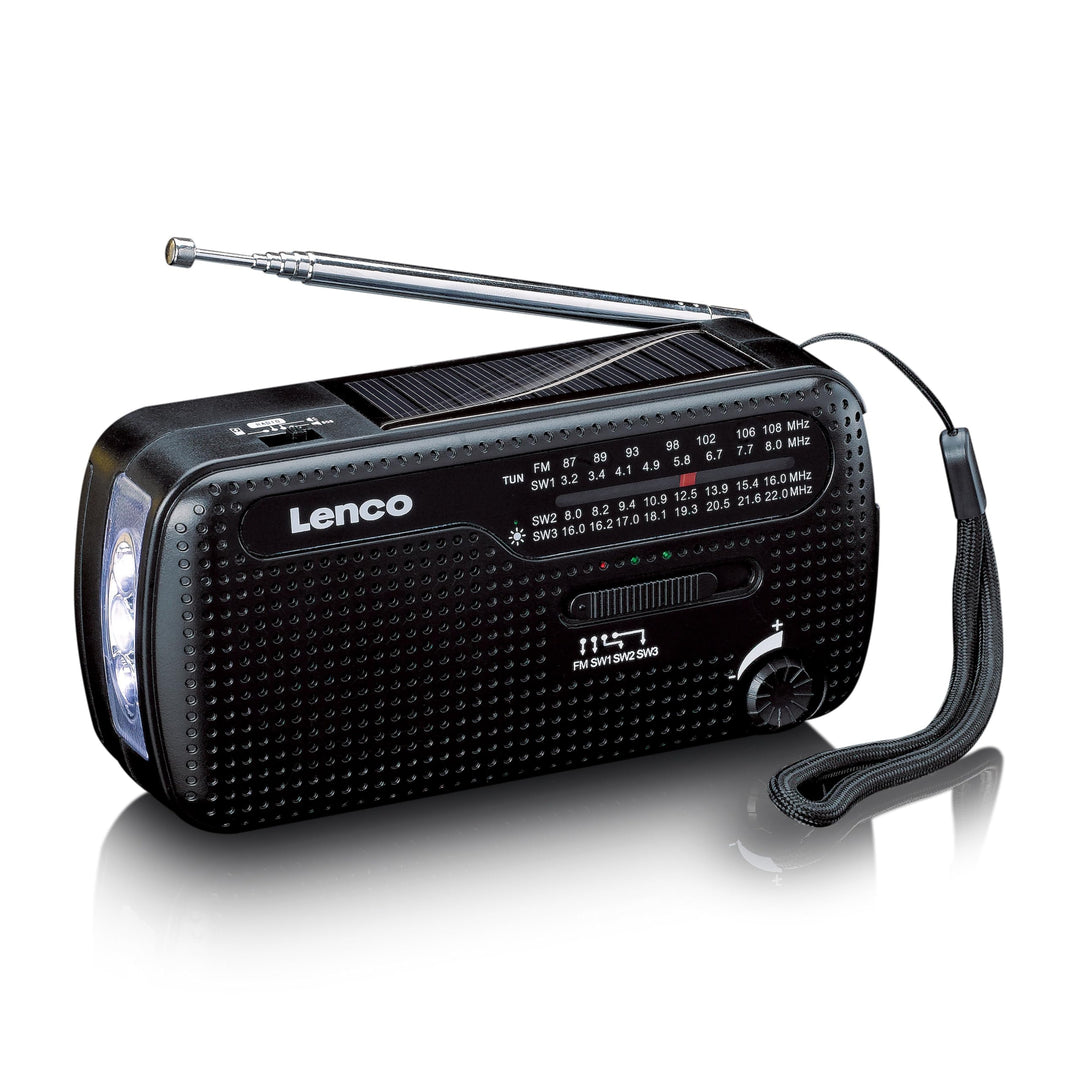 Lenco MCR-113BK Notfallradio mit Kurbel, Solar, Powerbank, FM/KG Radio, SOS-Alarm, LED-Taschenlampe,