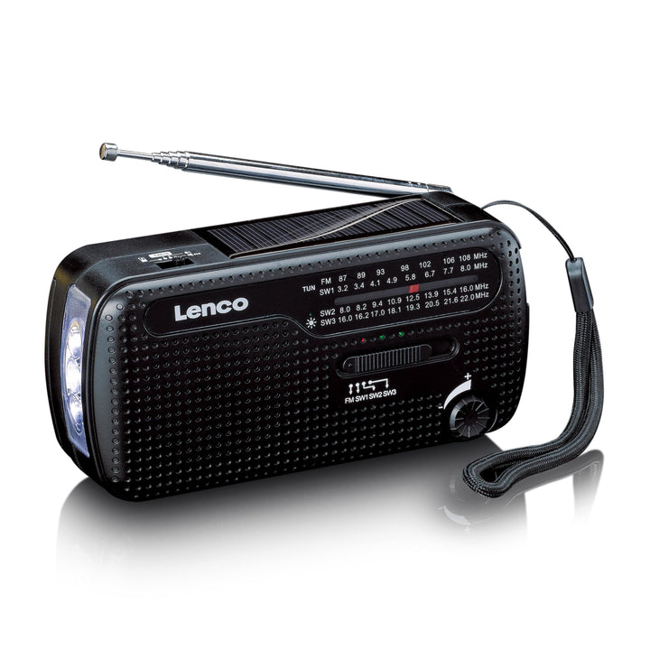 Lenco MCR-113BK Notfallradio mit Kurbel, Solar, Powerbank, FM/KG Radio, SOS-Alarm, LED-Taschenlampe,