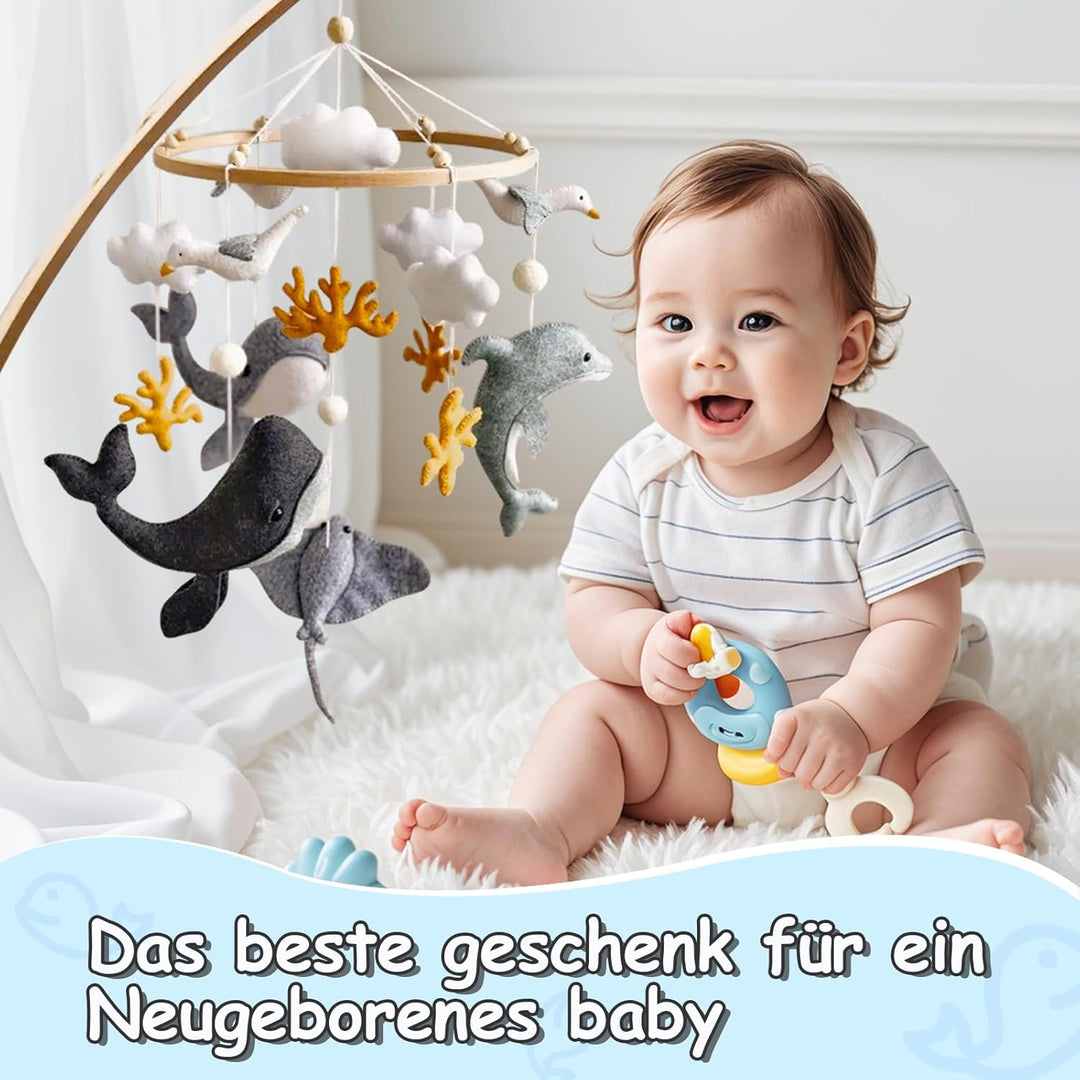 Meer Welt Mobile Baby Windspiele, 3D Delphine Walfisch Koralle Seevogel Mobile Baby Holz mit Filzbäl