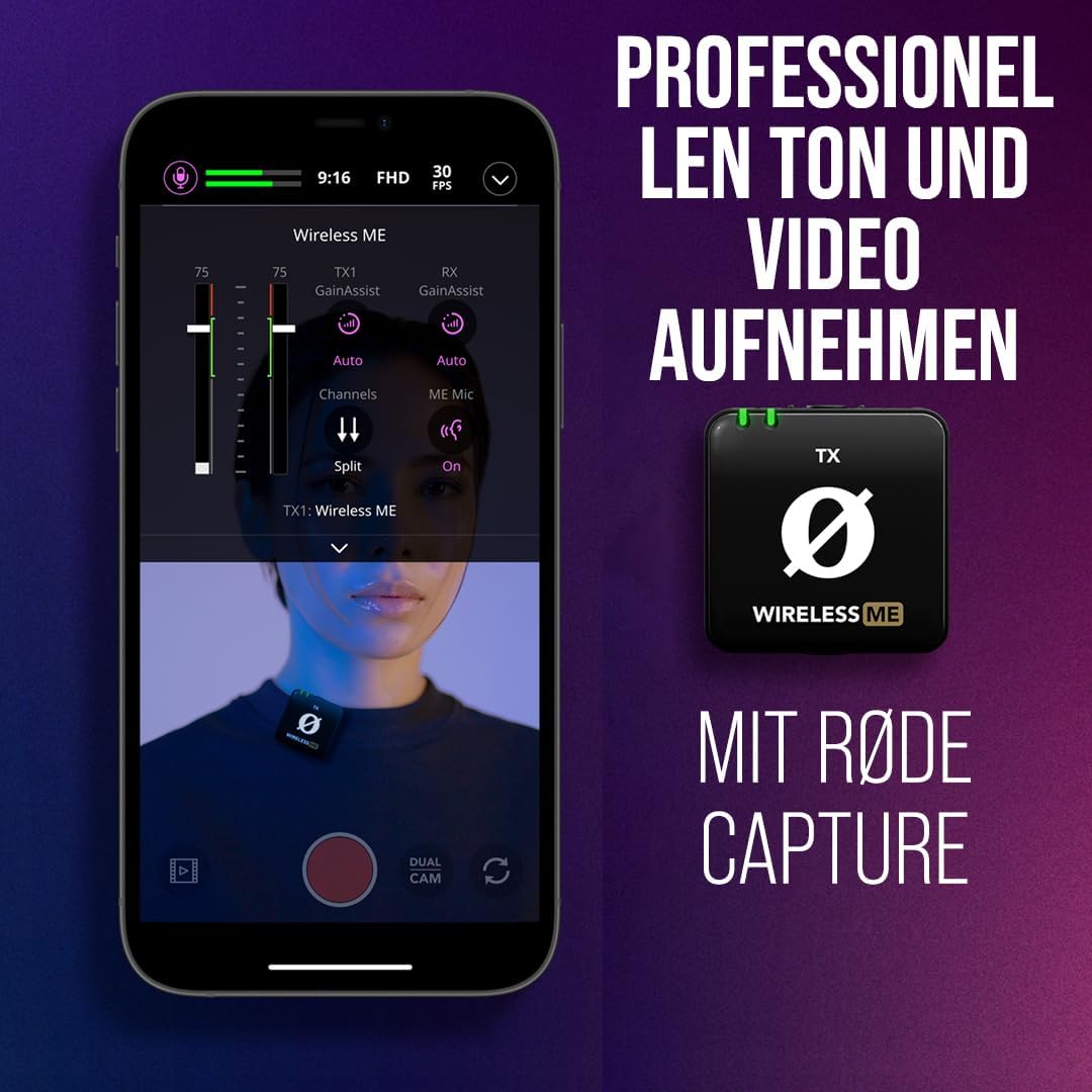 RØDE Wireless ME TX Ultra-kompakter Drahtlos-Mikrofonsystem, GainAssist-Technologie und 100 m Reichw