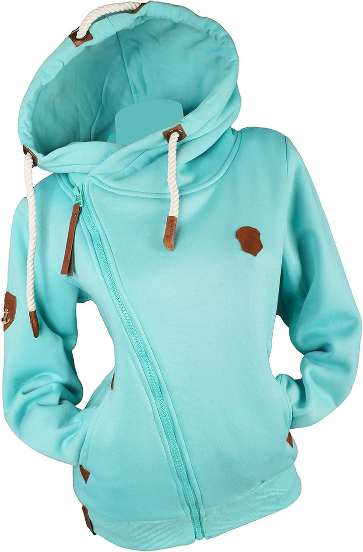 VIN TE Damen Sweat Jacke XXL Kapuze Hoodie Übergangsjacke Fleece gefüttert schräger Reissverschluss