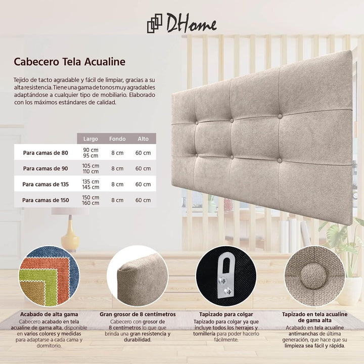 DHOME Kopfteil, gepolstertes Bett Kopfteil 8cm dick. Gepolstertes Kopfteil ACUALINE Stoff und Kunstl