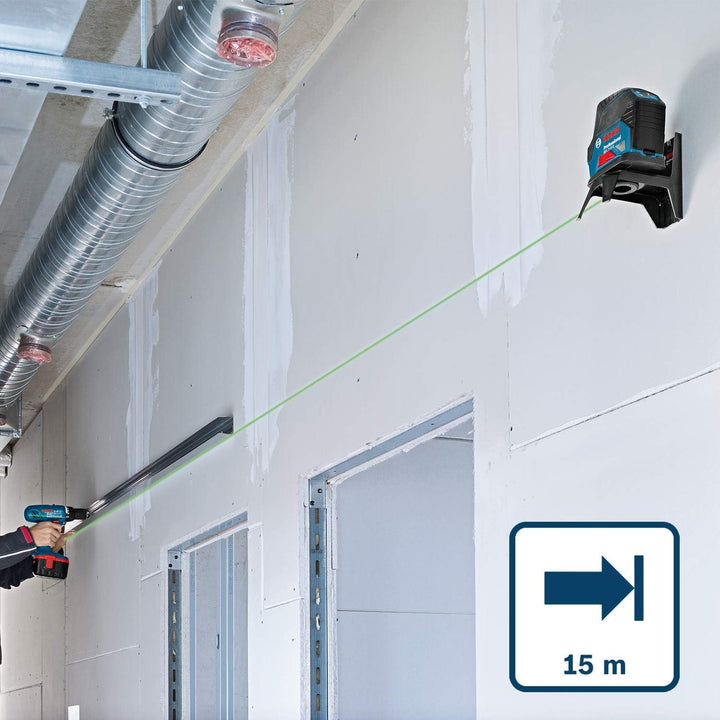 Bosch Professional Kreuzlinienlaser GCL 2-15 G (grüner Laser, Innenbereich, mit Lotpunkten, Arbeitsb