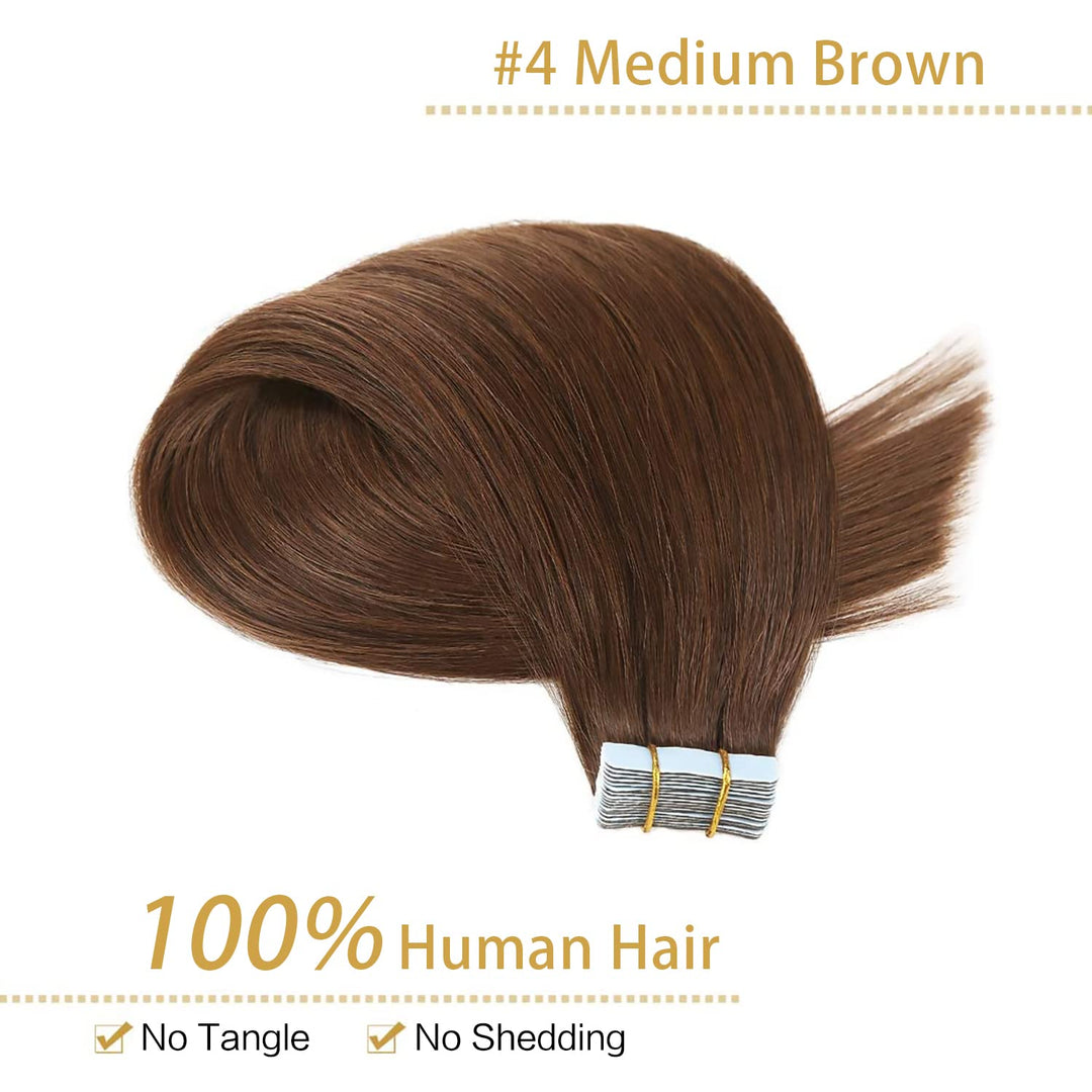 YILITE Tape Extensions Echthaar, Mittel braun 40cm 20 Stück/Packung 40g Tape in Extensions Echthaar