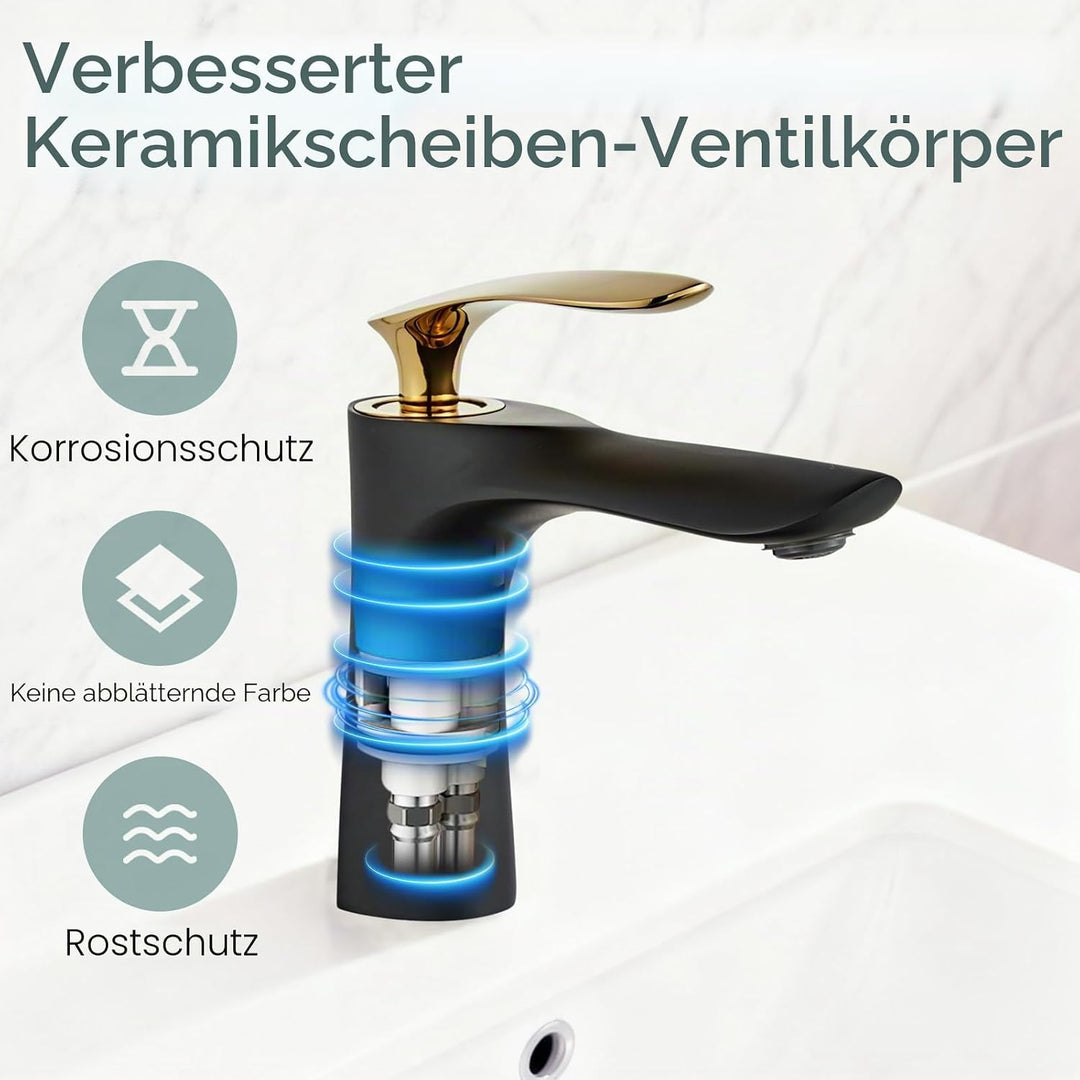 Waschbecken Wasserhahn Chrom Gold/Schwarz Einhand Messing Einlochmontage Leekayer,LK75239BGg