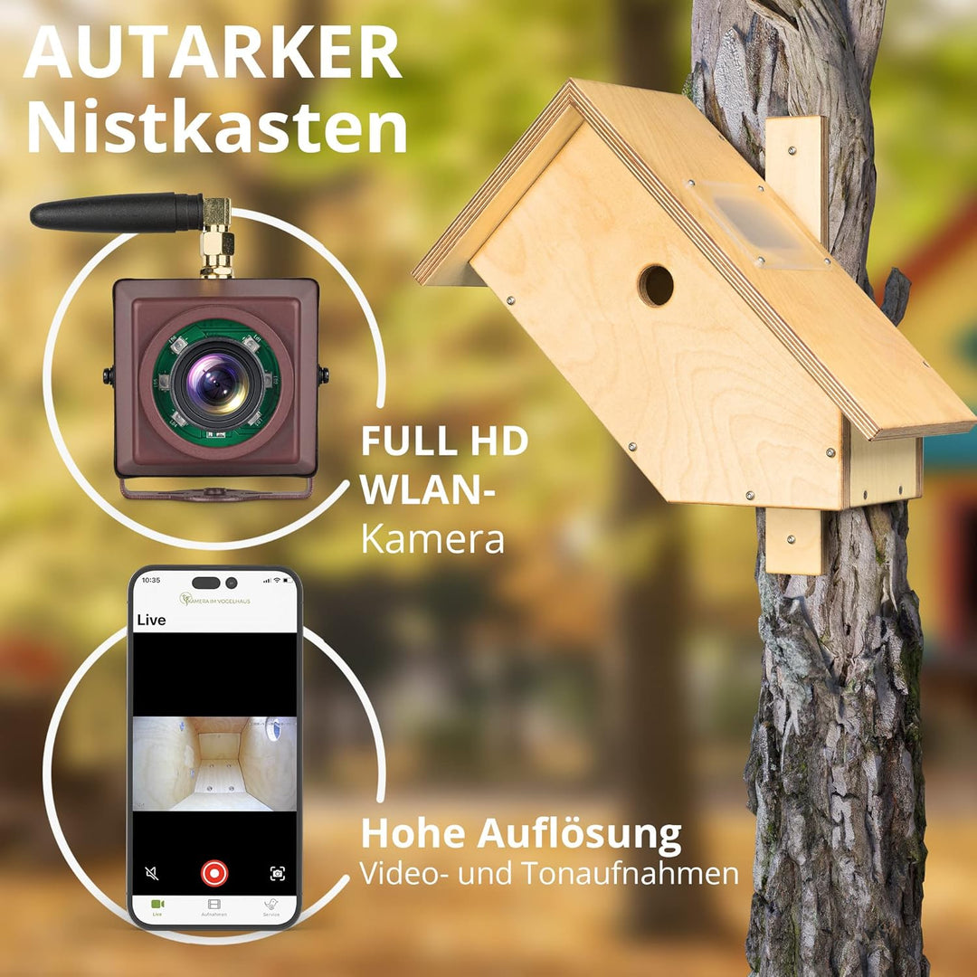 Nistkasten mit WLAN-Kamera. Autark & wetterfest, mit idealem Lichteinlass für störungsfreie Brut, mi
