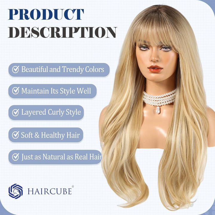 HAIRCUBE Lange blonde Perücke mit Pony, geschichtete lockige Perücken für Frauen, natürliche synthet