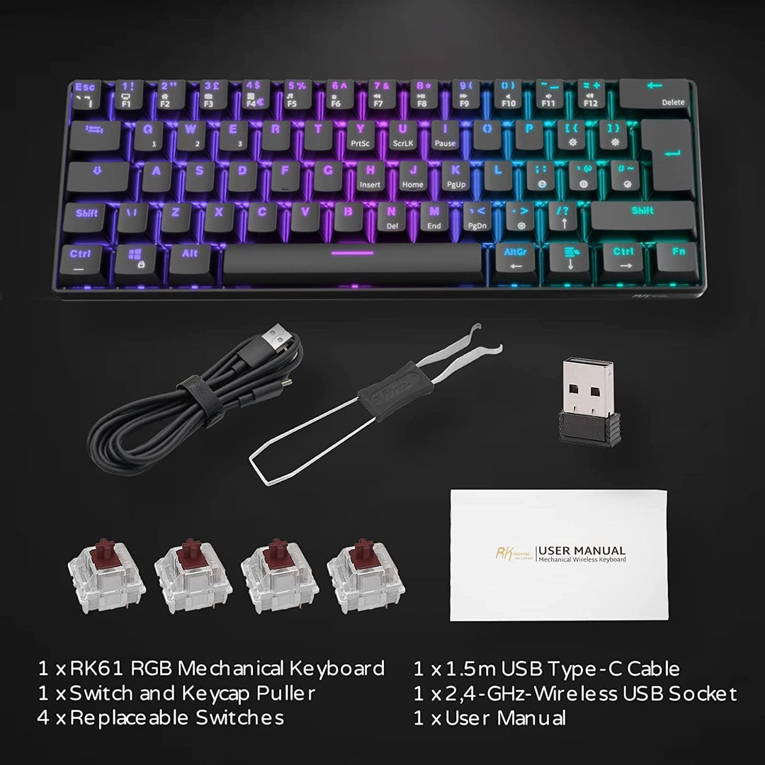 RK ROYAL KLUDGE RK61 Mechanische Tastatur 2,4 GHz Kabellose/Bluetooth/Verkabelte 60% Gaming Tastatur