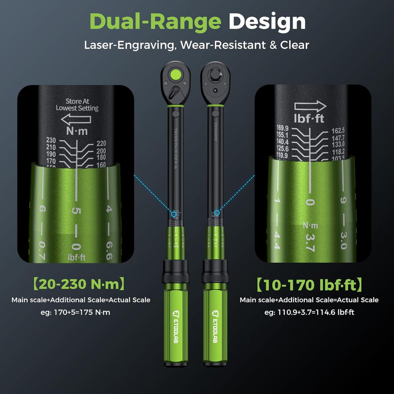 ETOOLAB 1/2" Drehmomentschlüssel Auto, 20-230Nm/10-170lbf-ft, ±3% Fehlergenauigkeit, 72 Zähne Umscha