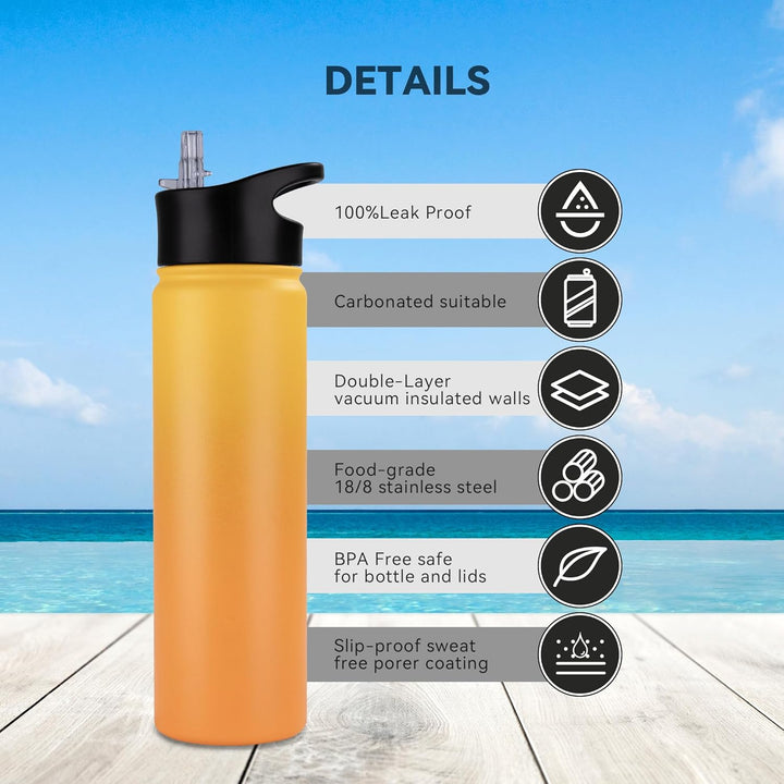 Edelstahl Trinkflasche - 750ml - mit Strohhalm,Auslaufsicher,Kohlensäure Geeignet,BPA frei Thermosfl