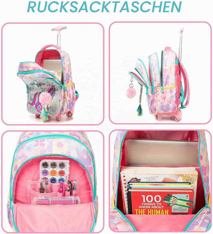 HTgroce Trolley Rucksack Mit Rollen, Federmäppchen, Lunch Tasche 3 in 1 Leicht Rolling Schulranzen f