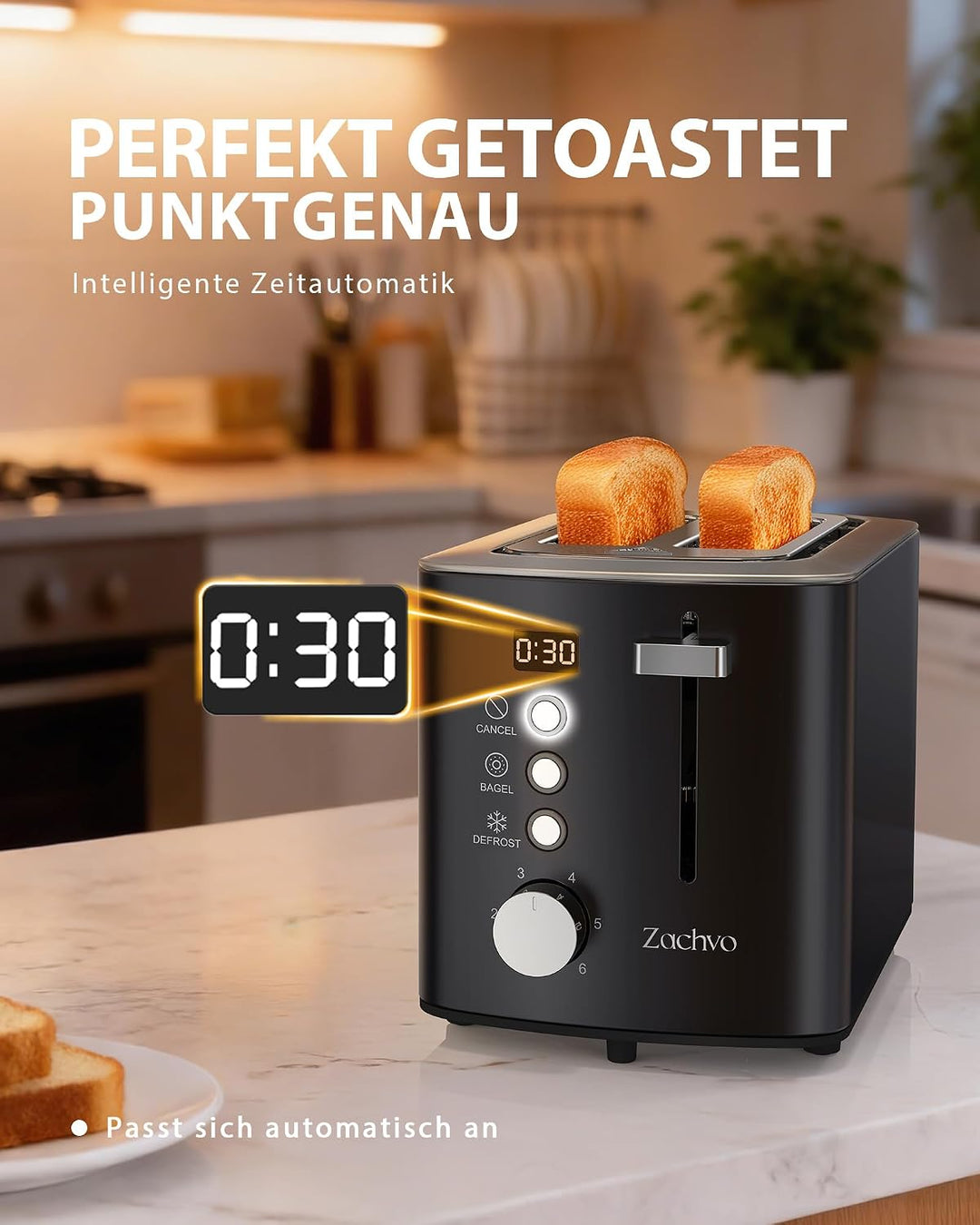 Edelstahl 2 Scheiben Toaster mit LED-Countdown & Brötchenaufsatz, extra breite 3,5 cm Schlitze für T