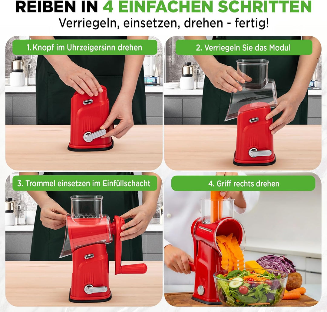 NutriChef Käsereibe mit Kurbel - Gemüsereibe inkl. 5 Trommelblättern - Ideal für Käse Gurken Karotte