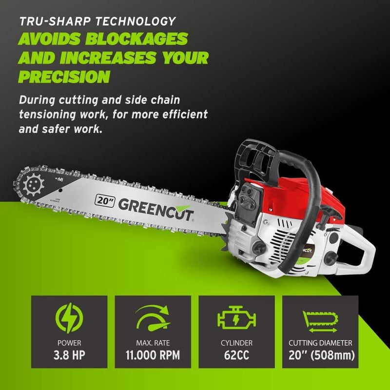 GREENCUT GS620X - Benzin-Kettensäge mit 2-Takt-Motor 62cc 3,8 PS mit 20&