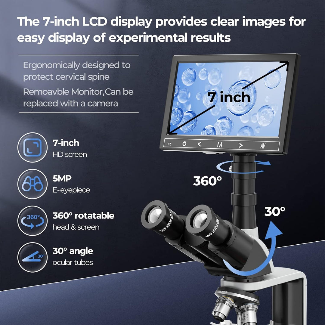 [Duales Netzteil] Vabiooth Lab Compound Trinokularmikroskop 40X-2500X Vergrösserung mit 7"-LCD, aust