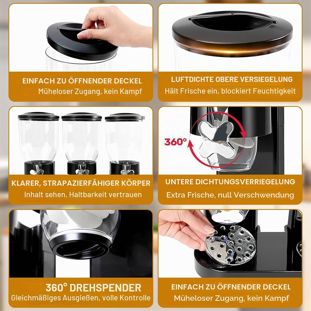 Cereal Dispenser 2L, Dreifacher Müsli Verteiler für die Arbeitsplatte, Müslispender 3er Set Luftdich
