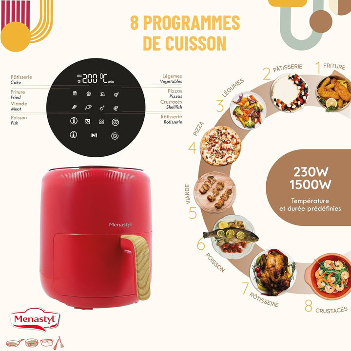 MENASTYL - Fritteuse ohne Heissluftöl Colorama – Magenta – ohne PFAS – 4,5 l – 8 Programme – Tempera