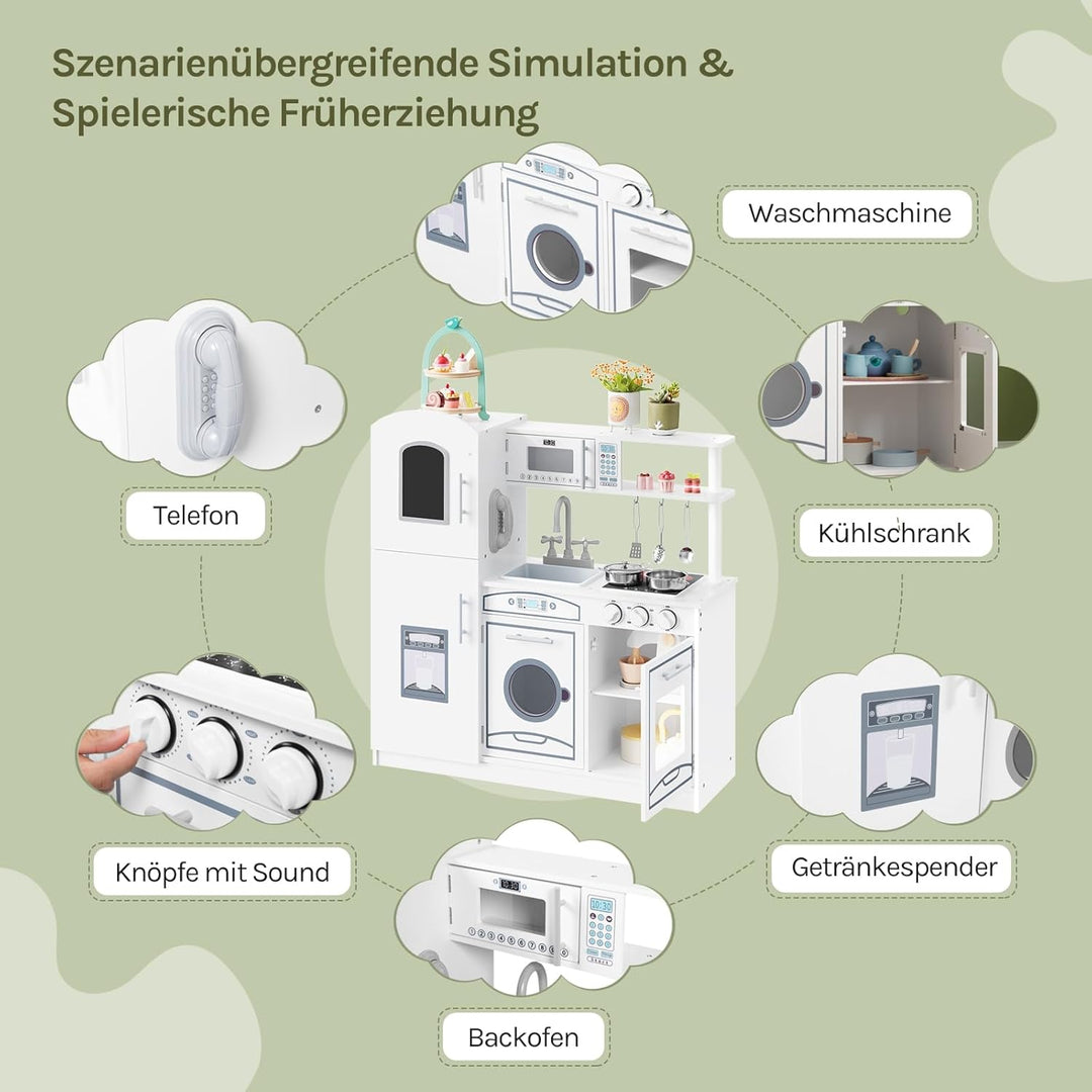 WOLTU Kinderküche Spielküche aus Holz, Kinderrollenspiele für Kinder inkl. 5tlg Küchenset,Zubehör au