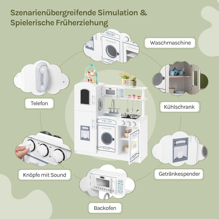 WOLTU Kinderküche Spielküche aus Holz, Kinderrollenspiele für Kinder inkl. 5tlg Küchenset,Zubehör au