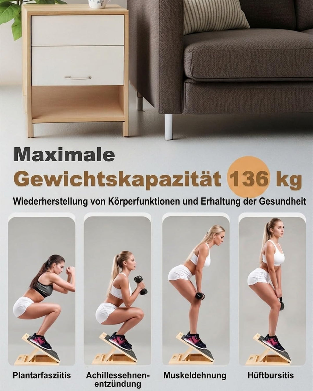 5-stufige Verstellung Wadendehner Schrägbrett, Holz Verstellbar Slant Board mit 20°–45° Winkeln ruts