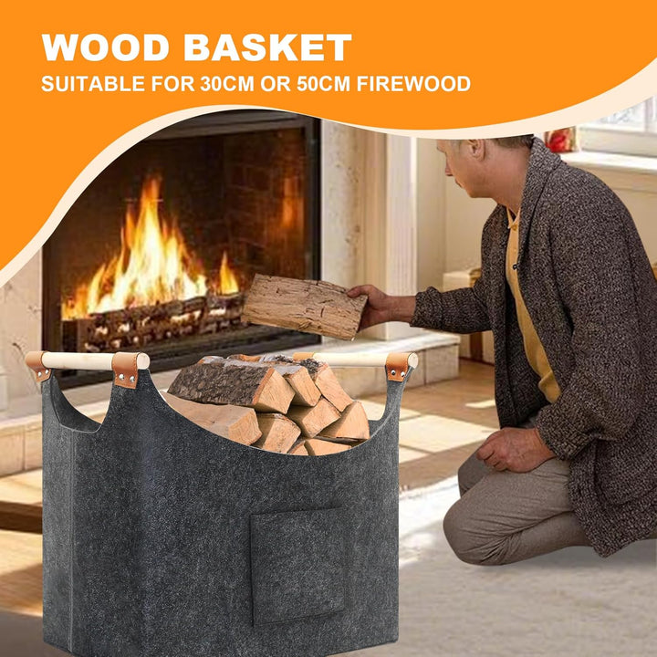 Holzkorb für Kaminholz, Felt Basket, Extra Thick Felt and Reinforced Handle, Filz Holzkorb für Kamin