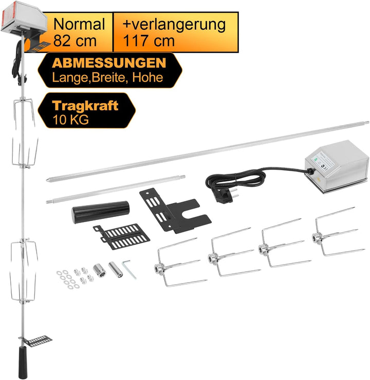 Grillspiess Set, Edelstahl Rotisserie mit 4X Fleischnadeln BBQ Fleischklammer, Griffstück, Motor Ele