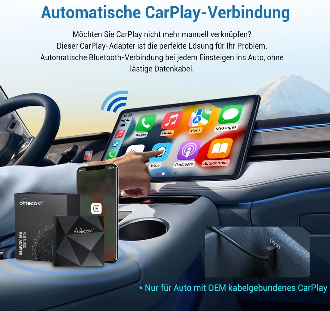 OTTOCAST CarPlay-Wireless-Adapter für iPhone, Kabellos Dongle WirelessCarPlay Automatische Verbindun