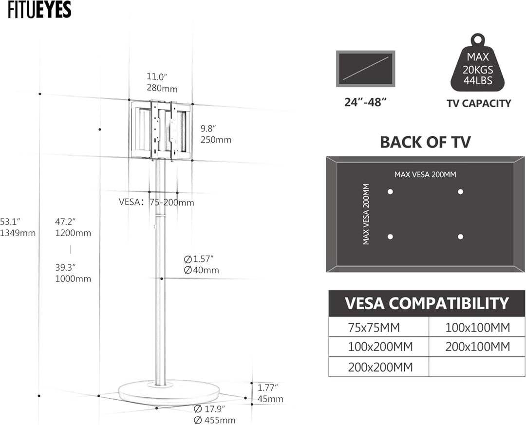 FITUEYES Design TV Ständer Rollbar für 24-48 Zoll Fernseher Mobiler TV Standfuss höhenverstellbar Mo