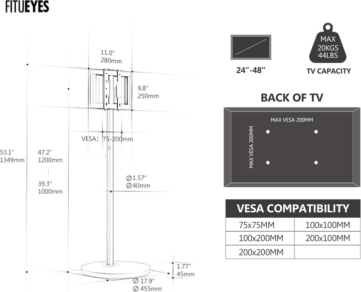 FITUEYES Design TV Ständer Rollbar für 24-48 Zoll Fernseher Mobiler TV Standfuss höhenverstellbar Mo