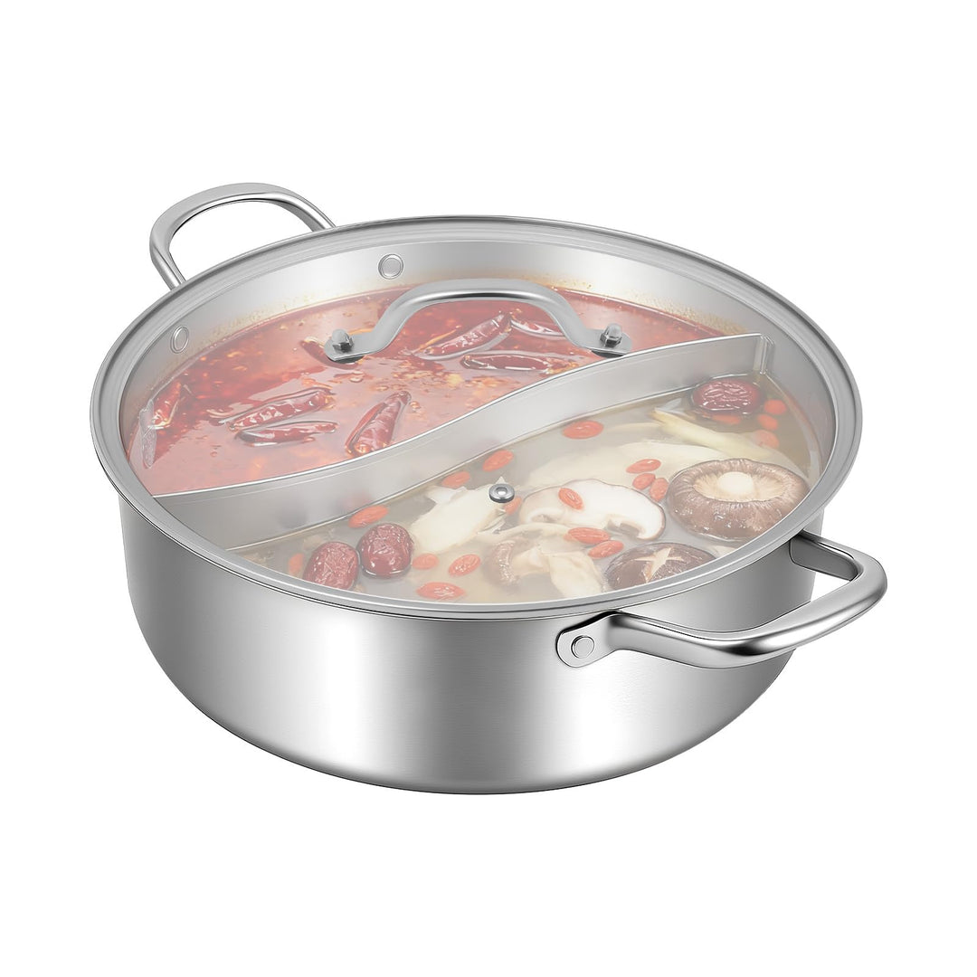 32cm Topf mit Glasdeckel 304 Edelstahl Hot Pot Topf 2 Abteilungen Silber Moderner Stil - Für Familie