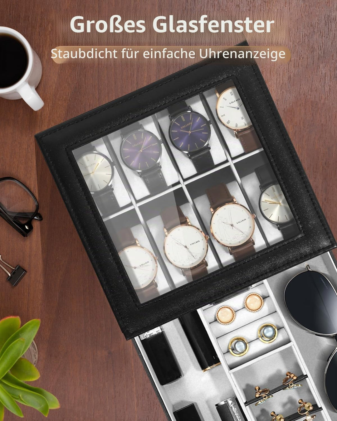 Uten Uhrenbox, 8 Fächern und 1 Schublade mit Schlüsselschloss, Glasdeckel, Schwarzes PU, Graues Samt