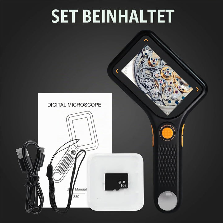 Tragbares 500-faches digitales Mikroskop mit 7,6 cm IPS-Bildschirm, 8 LED-Leuchten, Autofokus, 2-MP-
