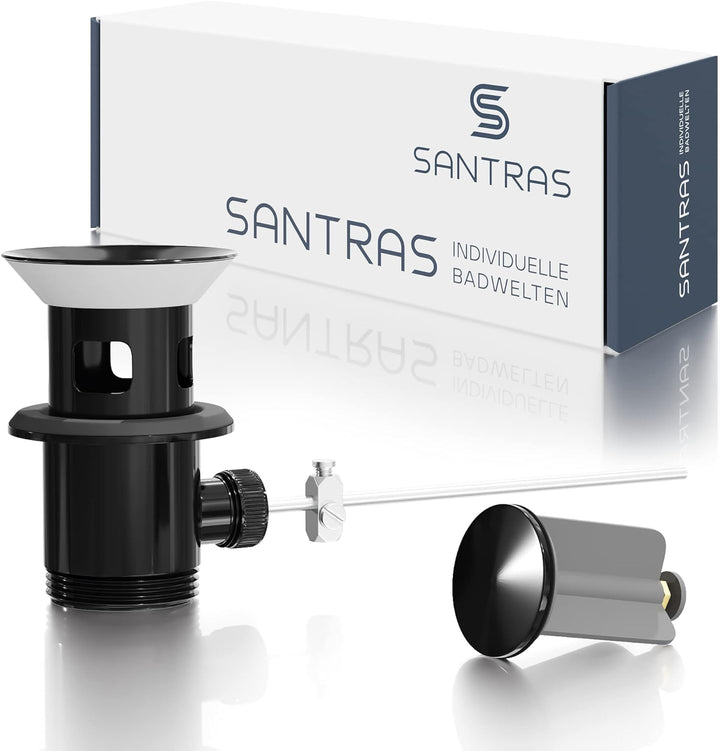 SANTRAS® Exzenter Ablaufgarnitur PREMIUM für Waschtisch mit Schutz vor Überlauf in Schwarz – Komplet