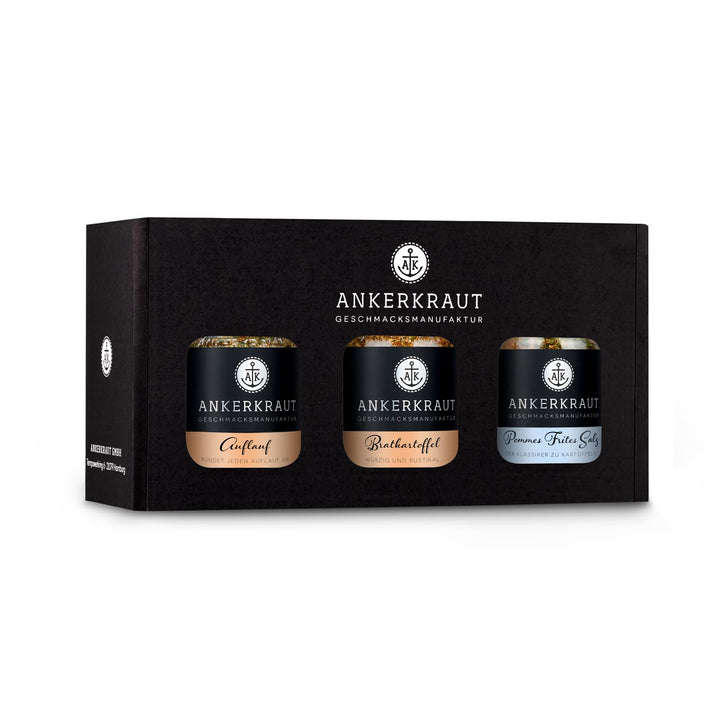 Ankerkraut Heftig-Deftig-Box, mit Auflauf Gewürz, Pommes mediterran, Bratkartoffel Gewürz, im Korken