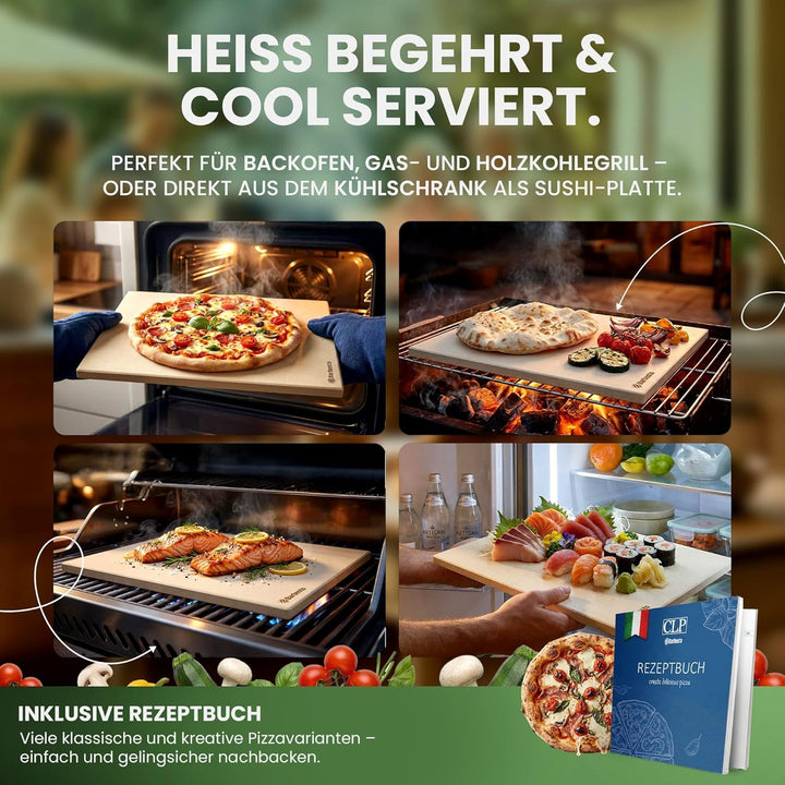 CLP Pizzastein für Backofen und Grill 38x30 cm, Backstein aus Premium Cordierit bruchsicher extrem h