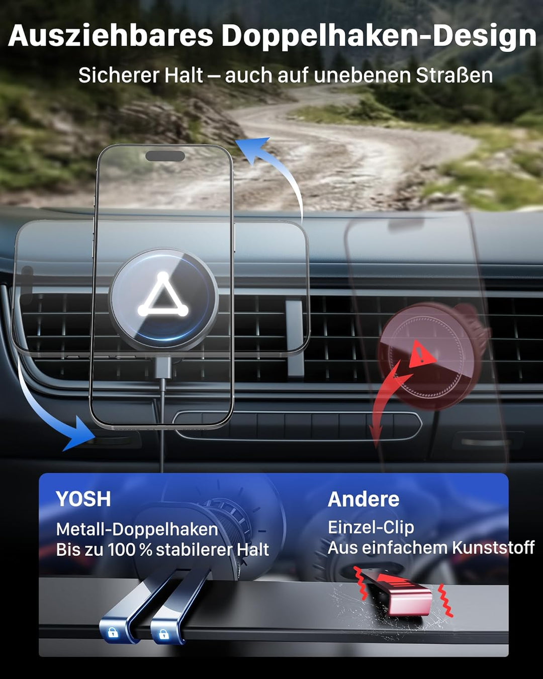 YOSH für Magsafe Autohalterung mit Ladefunktion 15W, [verlängerter Metall-Doppelhaken &amp; N56 Magnete]