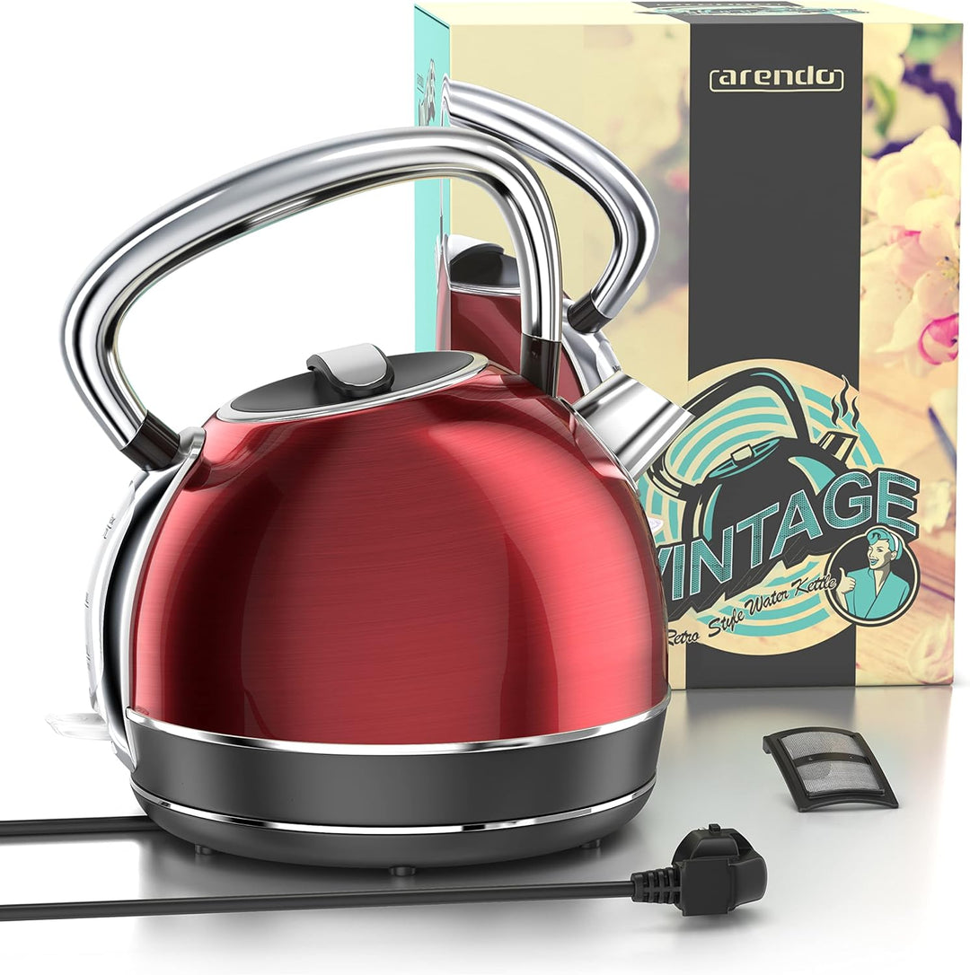 Arendo - Wasserkocher Retro Edelstahl Teekessel im Vintage Style - max. 2200 Watt - austauschbarer K