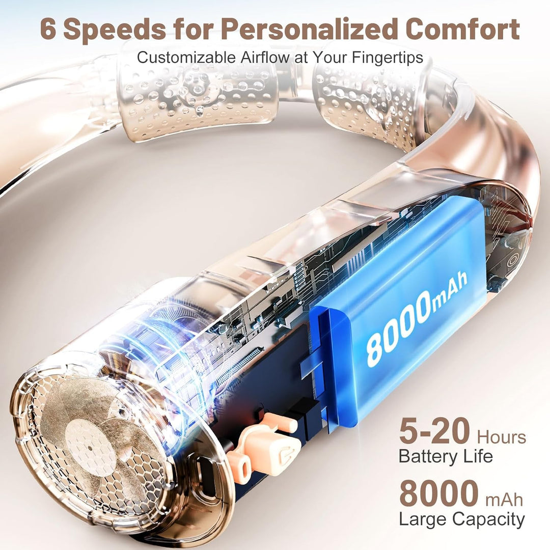 Nackenventilator, 8000 mAh Tragbarer Blattloser Halsventilator, 360° Luftstrom, 6 Stufen, USB Wieder