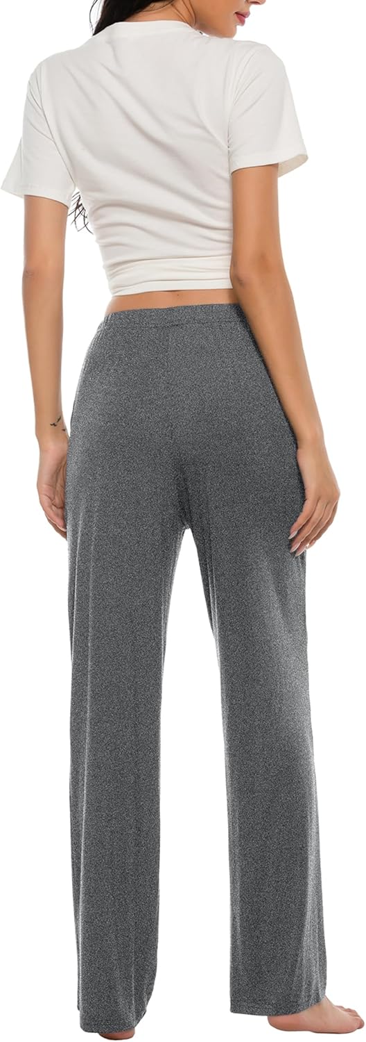JINSHI Damen Schlafanzughose Lang Pyjamahose Weich Modal Nachtwäsche Freizeithose, Schwarz+dunkelgra