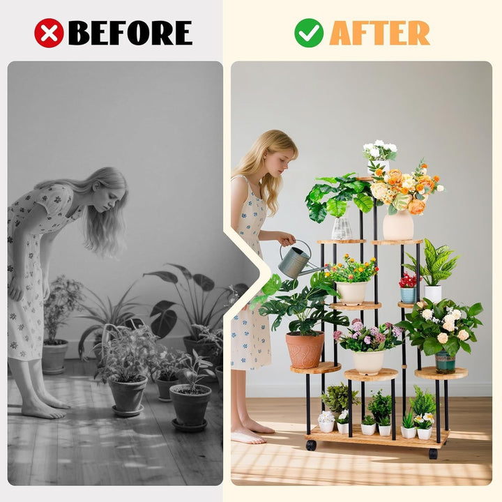 Blumenständer mit Rollen 9 Etagen Pflanzenregal Holz Pflanzentreppe Hoch Blumentreppen Metall Blumen